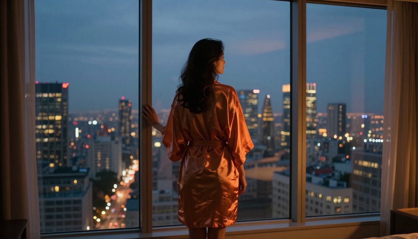 Woman in a silk robe standing at floor-to-ceiling windows of a high-rise, dusk cityscape below Woman in a silk robe standing at floor-to-ceiling windows of a high-rise, dusk cityscape below