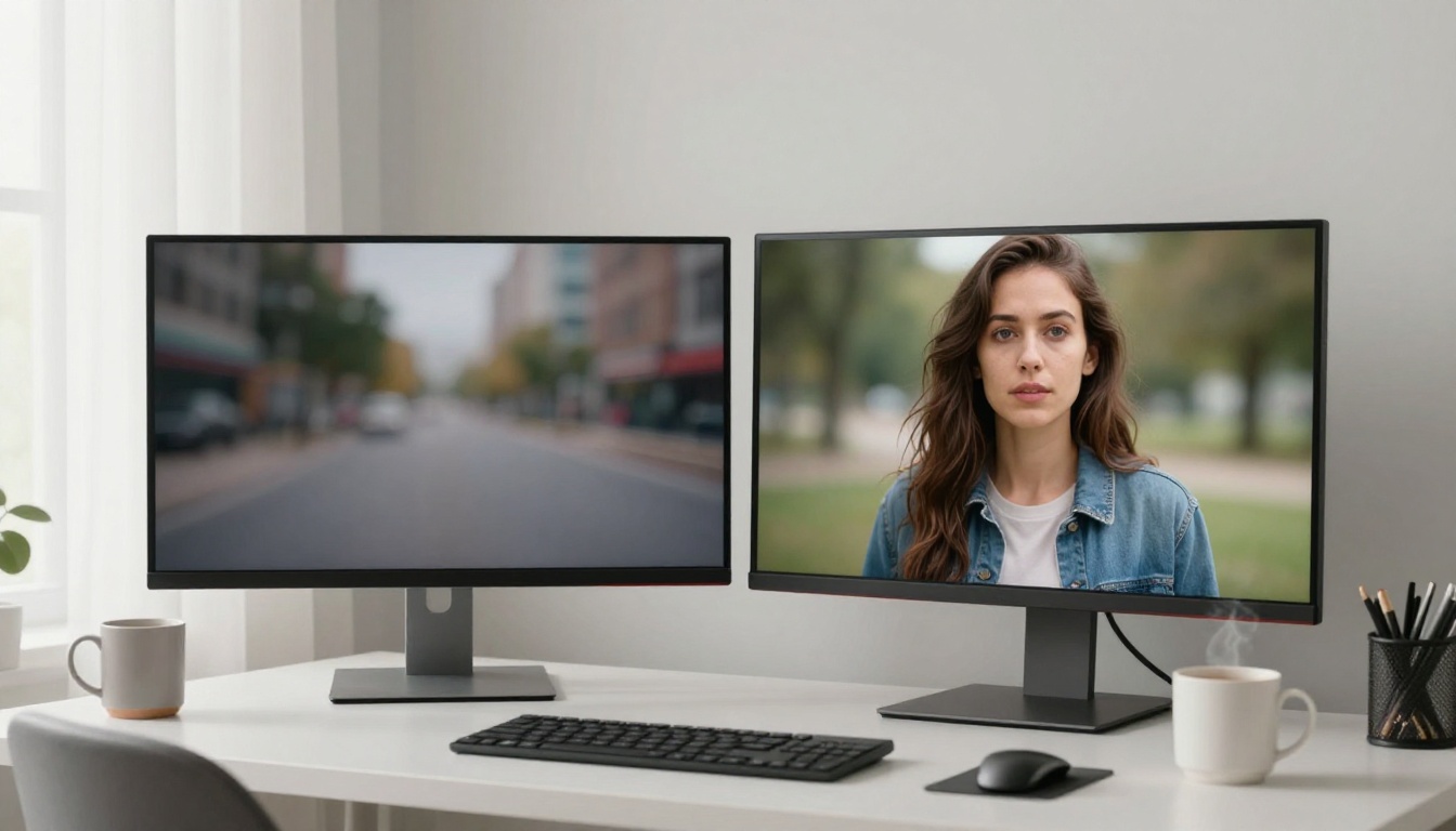 Side by side monitor showing low resolution vs crisp 4K AI video quality