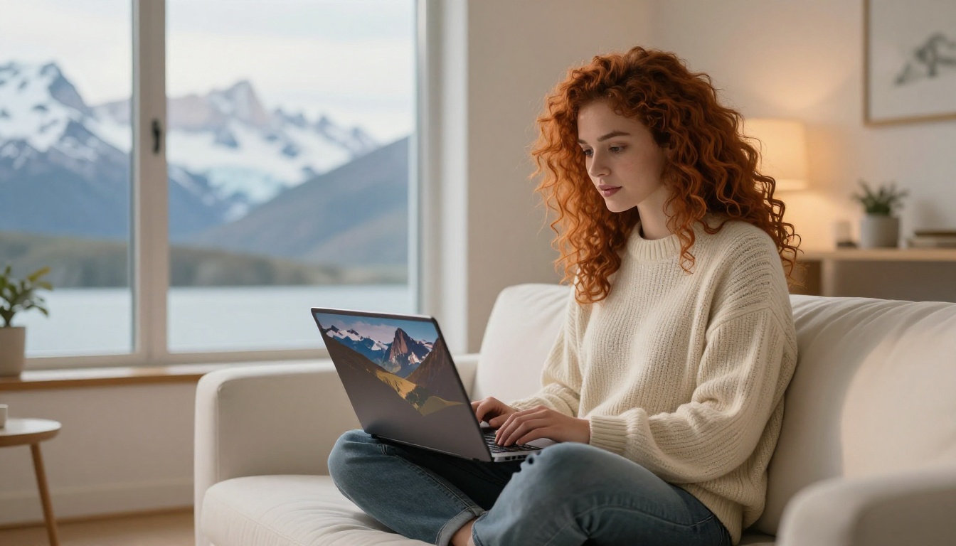 Young woman watching stunning AI-generated video on laptop at home