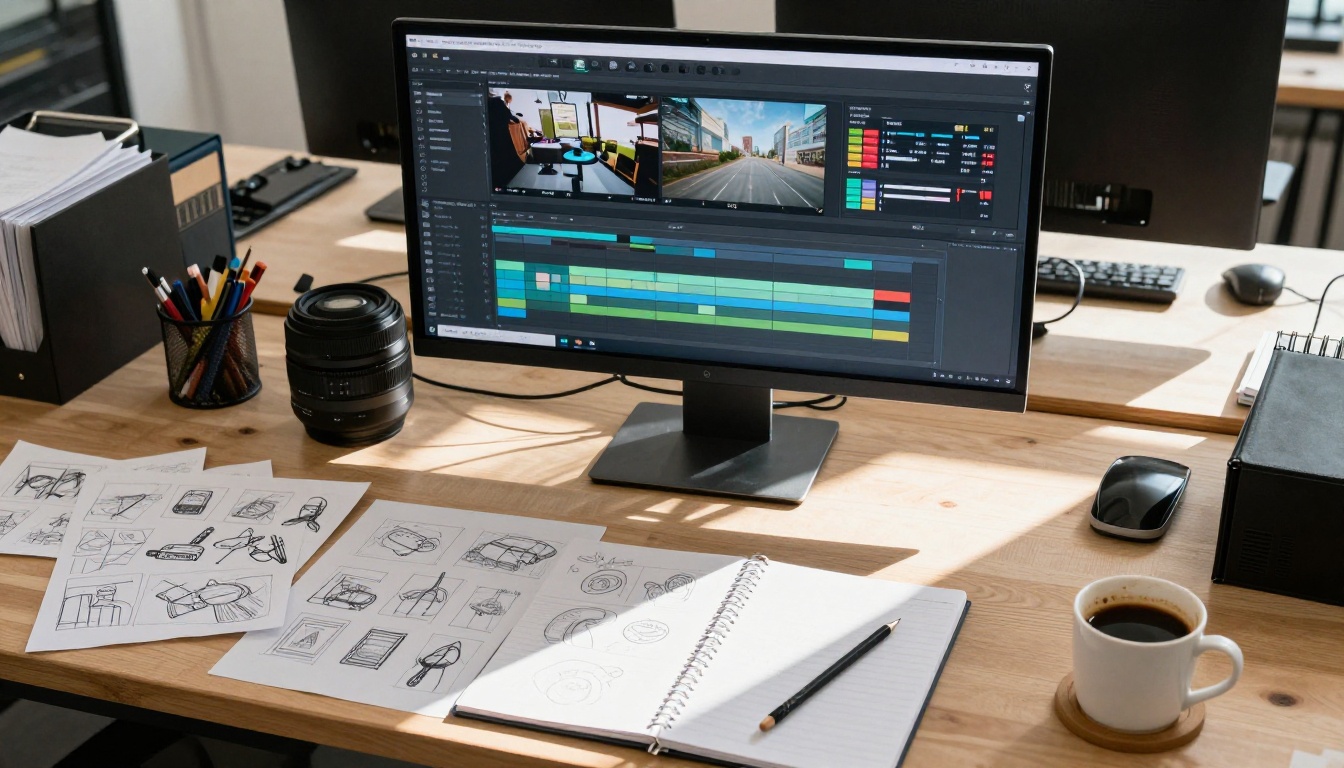 Overhead view of video editing workspace with timeline and storyboards