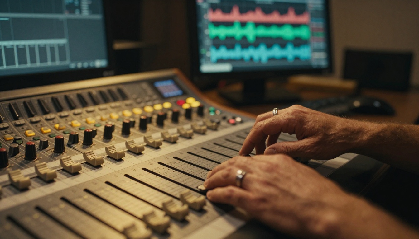 Audio engineer adjusting mixing console with AI video and waveforms on monitor