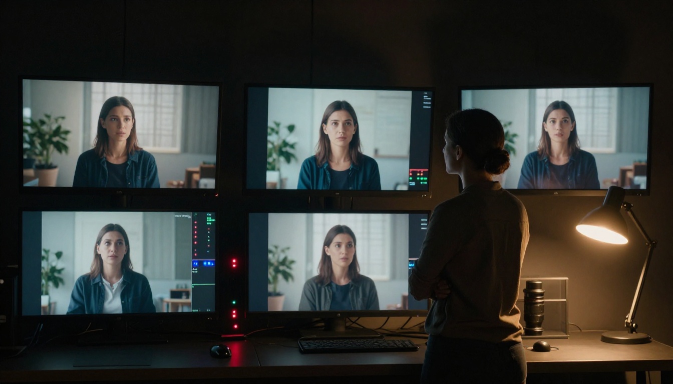 Video producer reviewing multiple AI-generated video clips on production monitors