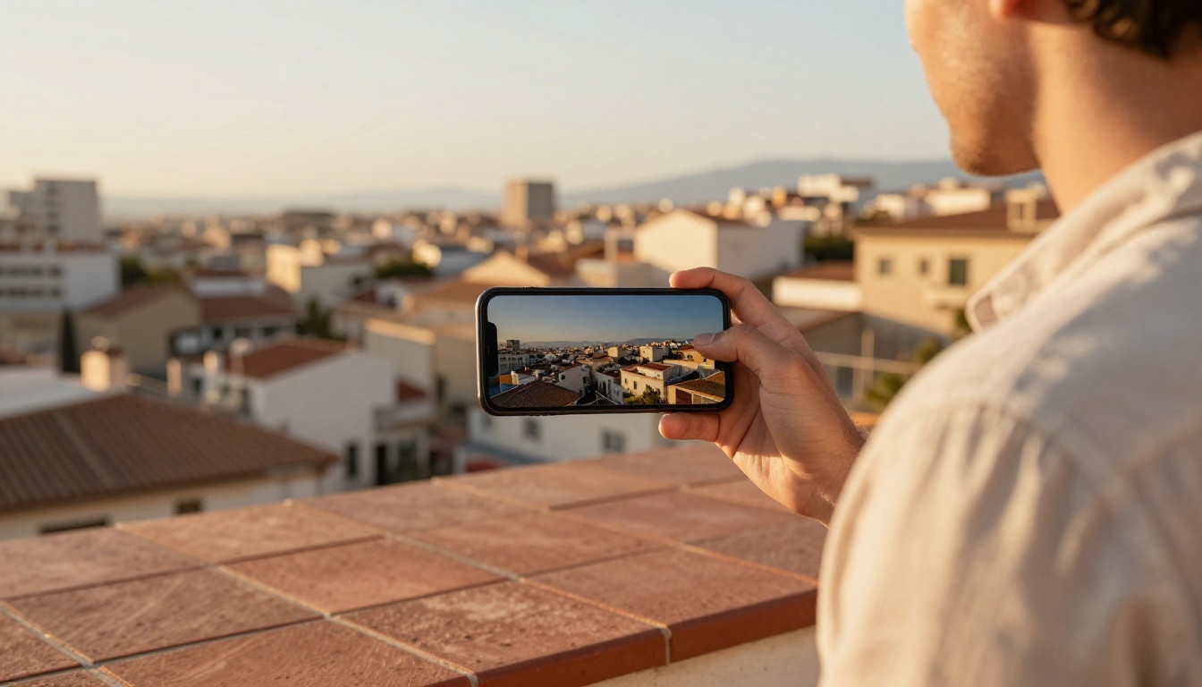 Man watching AI-generated video on smartphone on Mediterranean rooftop terrace