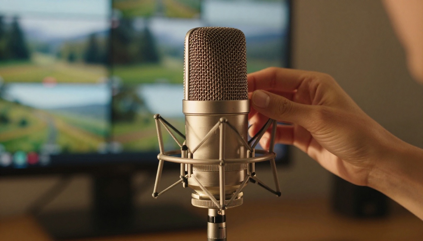 A professional studio microphone on a chrome stand with natural window light, AI video frames visible on blurred monitors in the background