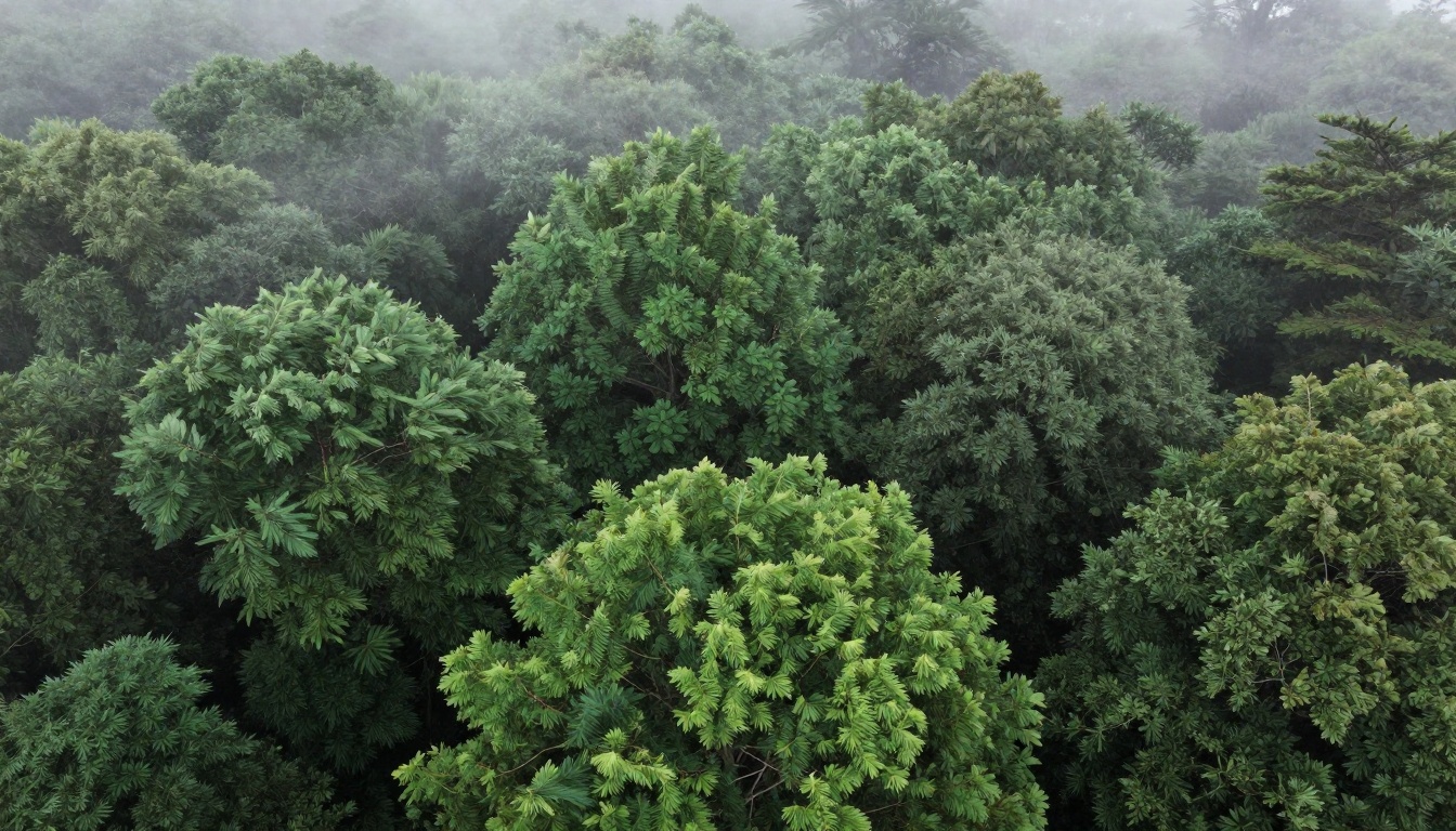 Aerial view of a dense green forest canopy at early morning with mist rolling between the treetops