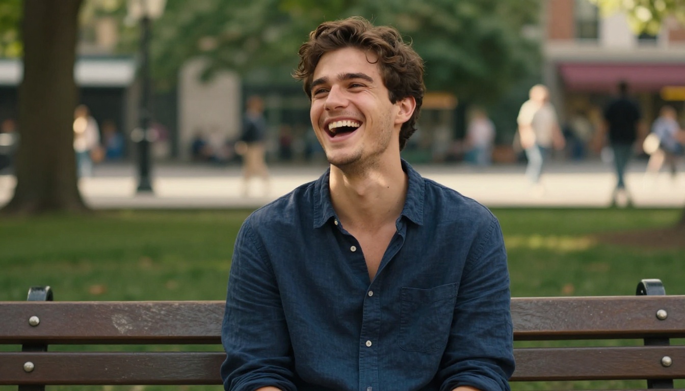 A young man sitting at a park bench laughing naturally with warm afternoon sunlight highlighting his face