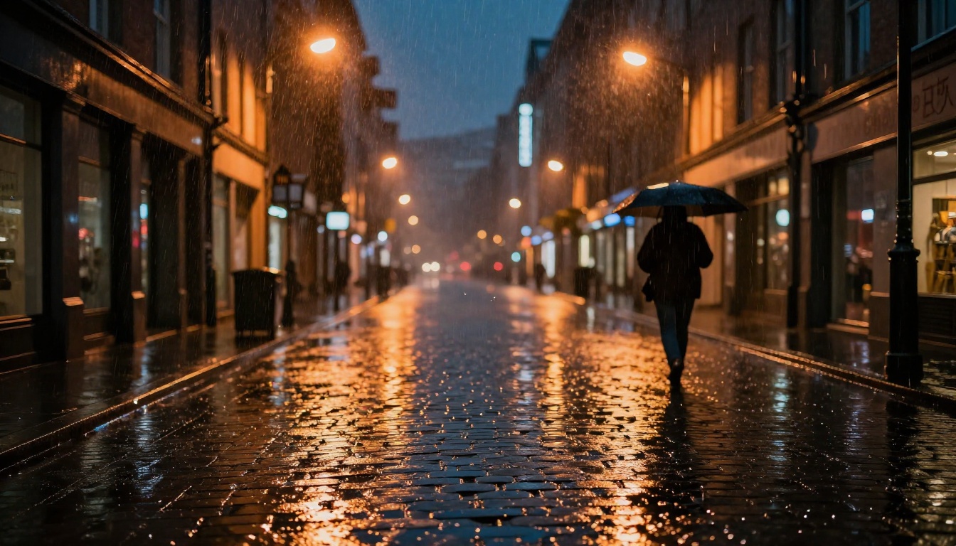 A wet urban city street at night with street lamp orange halos reflected on cobblestones and a pedestrian under an umbrella