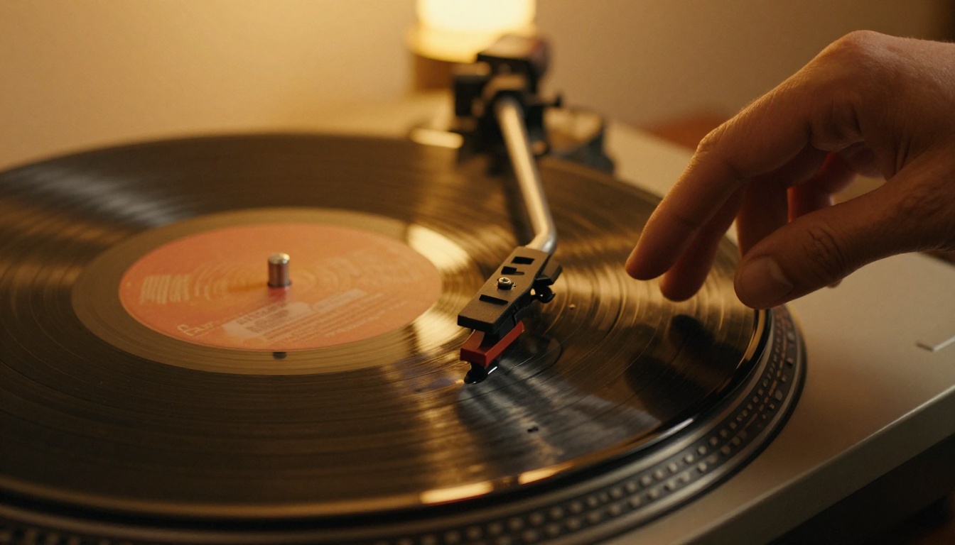 Close-up of a vintage vinyl record spinning on a turntable with warm incandescent light revealing the spiral micro-grooves