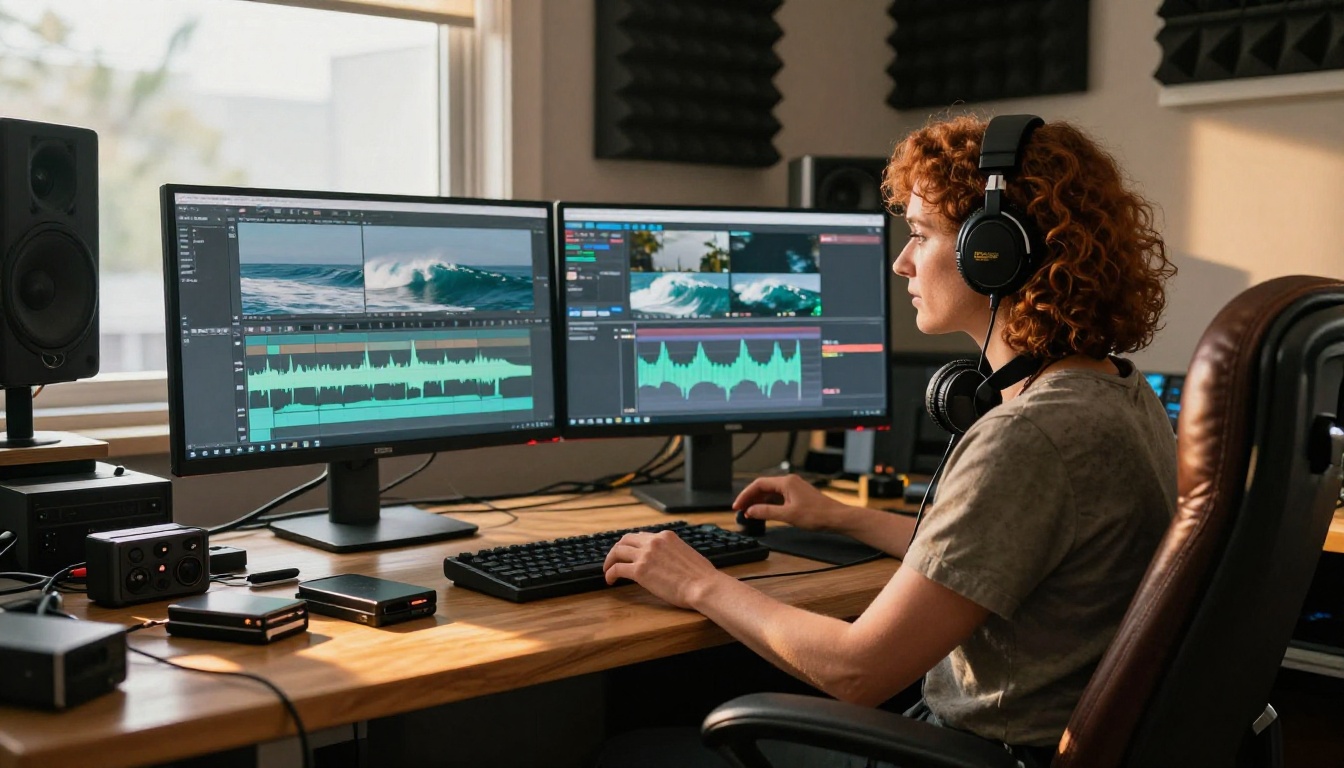 A professional sound design workspace with a monitor showing waveforms synchronized to ocean video footage