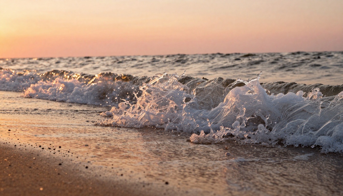 Ocean waves crashing on a sandy beach at golden hour with foam rushing over wet sand and water droplets suspended mid-crash