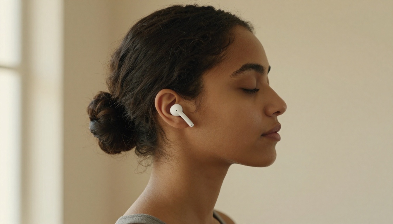 A young woman with smooth dark skin and natural hair wearing white earbuds, eyes closed in focused listening against a warm cream wall