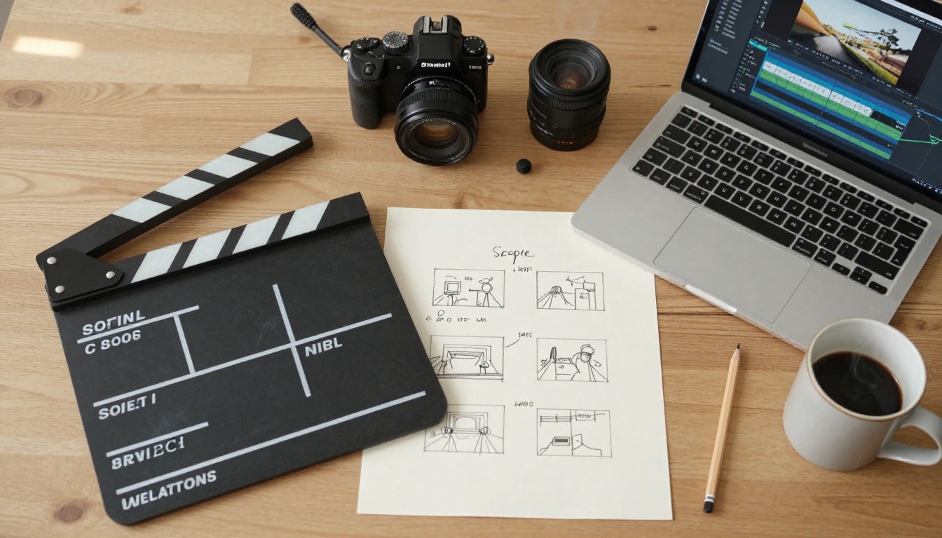 A filmmaker's wooden desk overhead flat-lay with clapperboard, camera, shotgun microphone, storyboard sketches, and laptop showing a video editing timeline