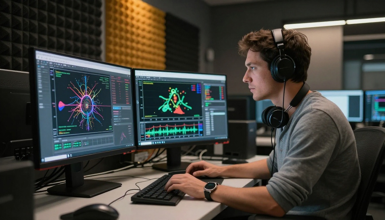 Researcher at a workstation with neural network training diagrams and loss curves on multiple monitors