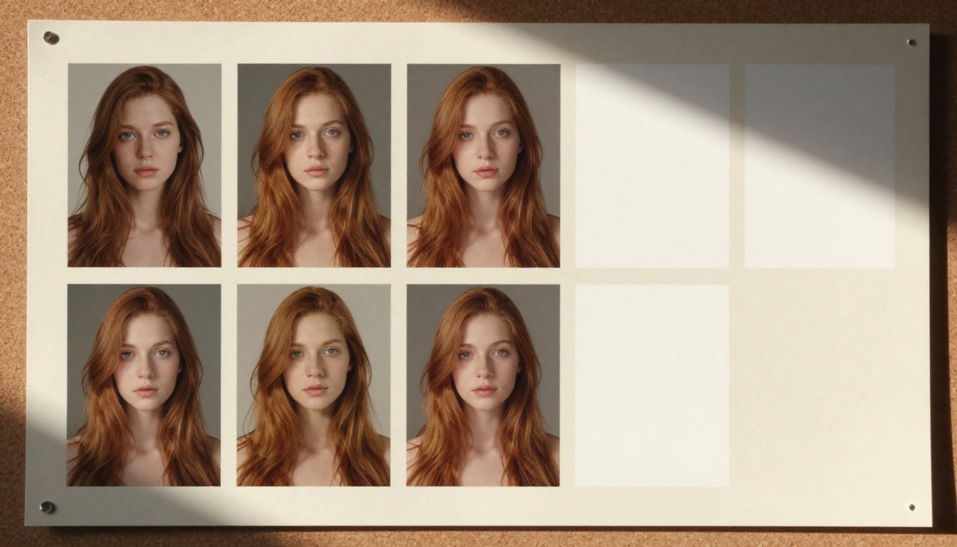 Five printed photographs on a cork board showing progressive noise overlay from clear to pure static