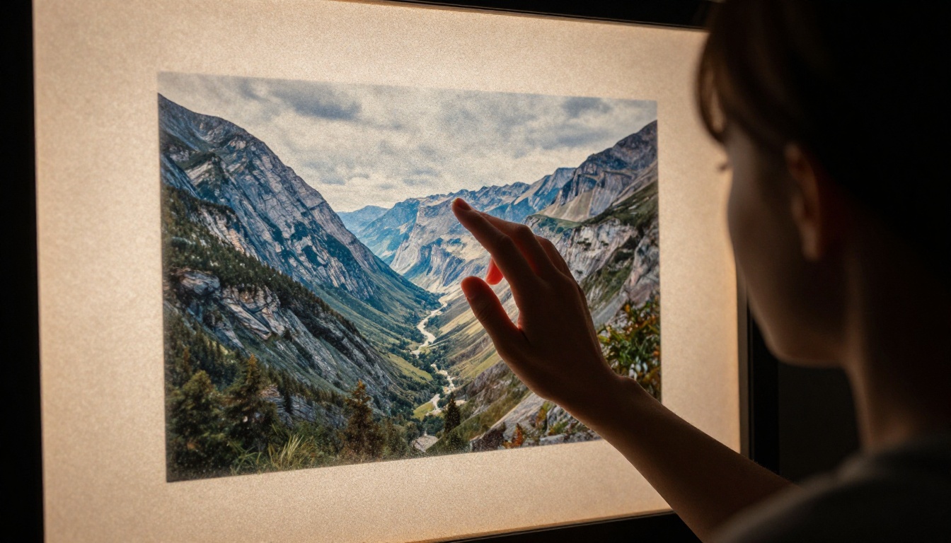 A hand gently erasing television static from a frosted glass panel to reveal a clear mountain landscape beneath