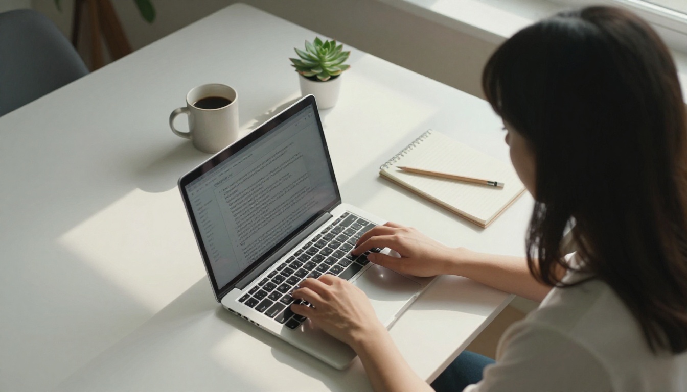 Aerial top-down view of hands typing a text prompt on a laptop keyboard at a clean white desk