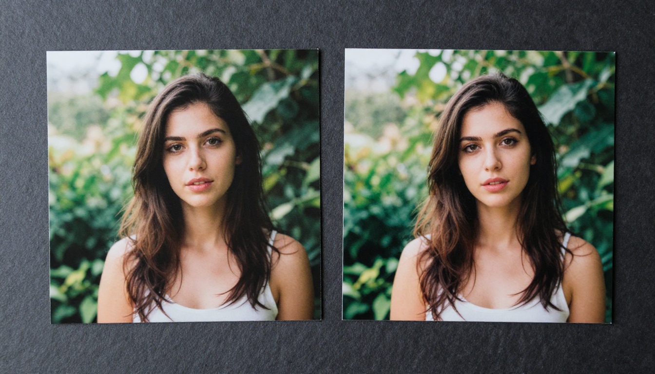 Two printed photographic portraits side by side on dark slate, the left noisy and soft, the right razor-sharp with vivid detail
