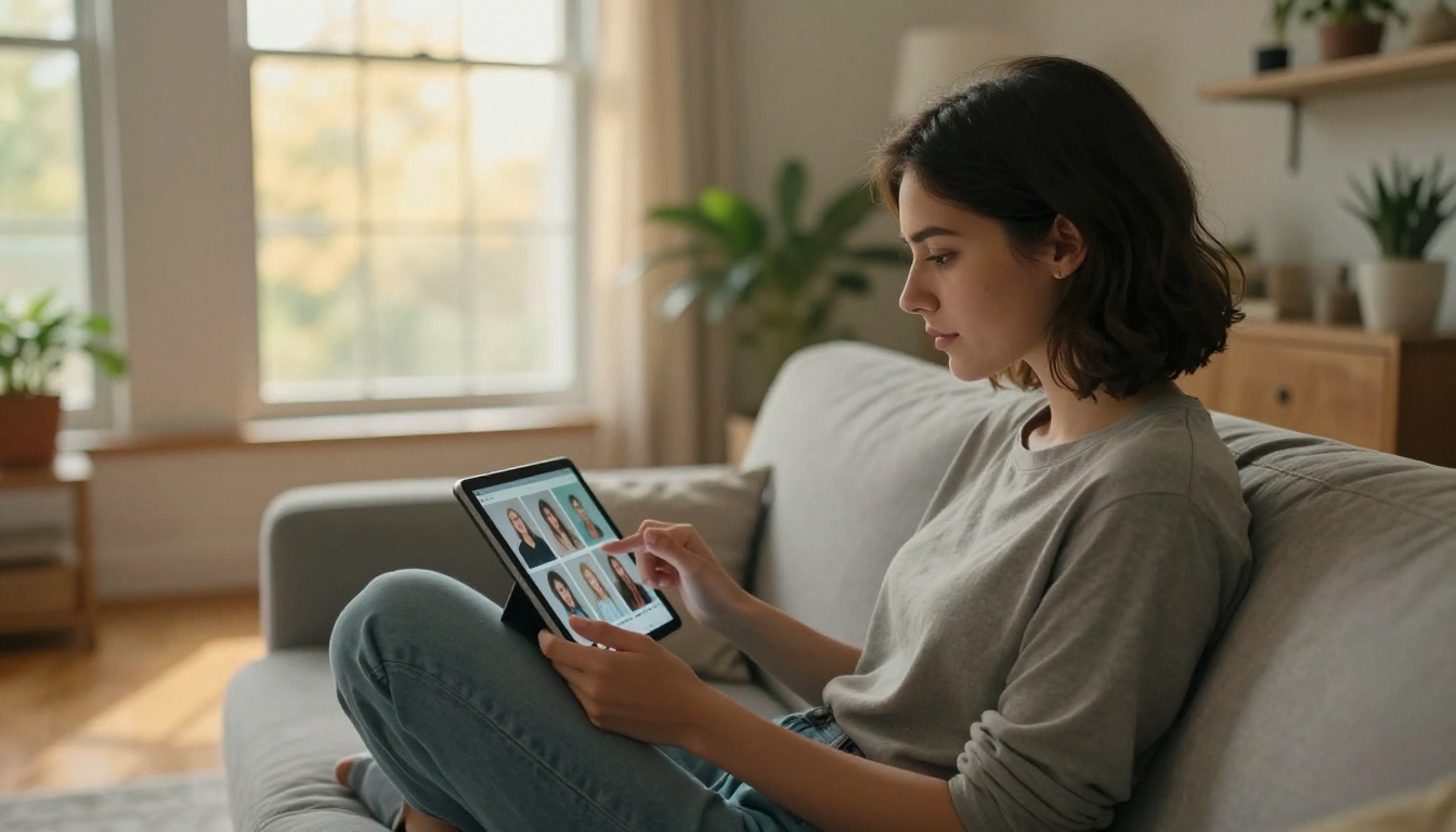 Young woman with dark hair browsing a gallery of AI-generated portrait images on a tablet from her sofa