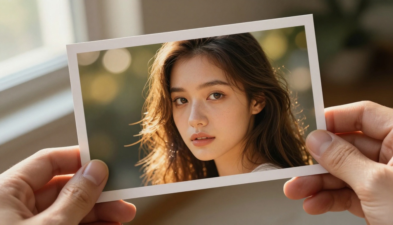 Hands holding a printed AI-generated portrait photograph with rich golden hour light and razor-sharp detail
