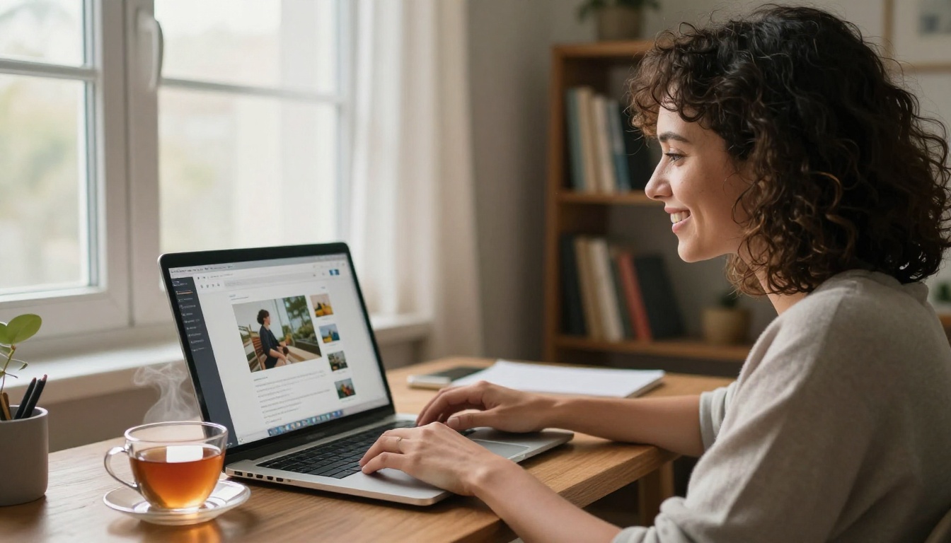 Woman with curly hair smiling at her laptop showing AI-generated image results at a bright home office