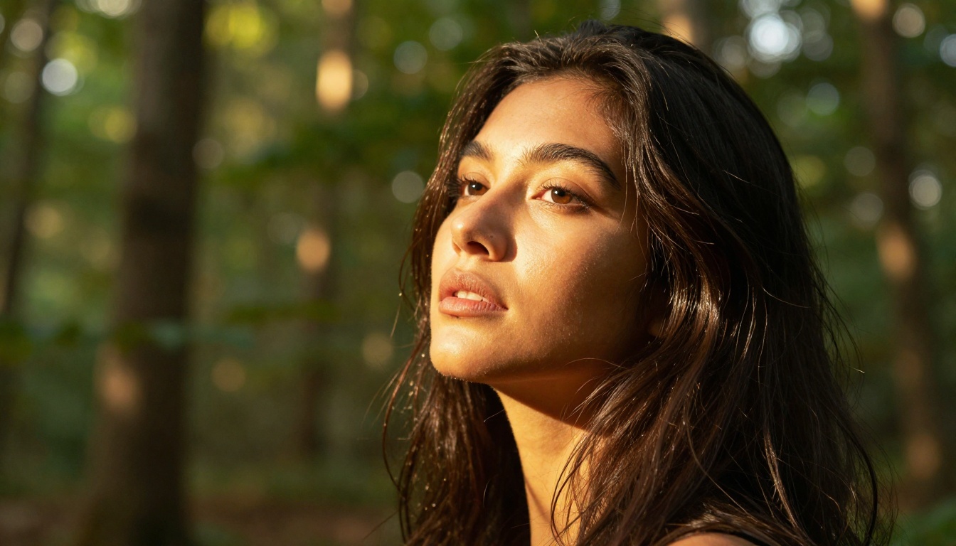Woman standing in dappled golden hour sunlight through forest leaves, warm highlights on cheekbone, dreamy bokeh background, natural outdoor portrait Woman standing in dappled golden hour sunlight through forest leaves, warm highlights on cheekbone, dreamy bokeh background, natural outdoor portrait