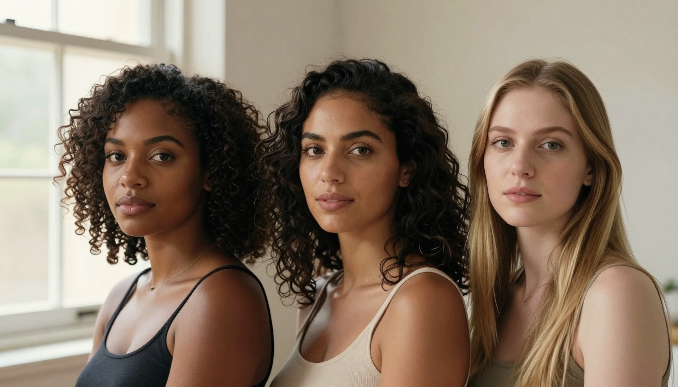 Three women of different ethnicities photographed together in warm window light, photorealistic natural beauty portrait showing human diversity Three women of different ethnicities photographed together in warm window light, photorealistic natural beauty portrait showing human diversity
