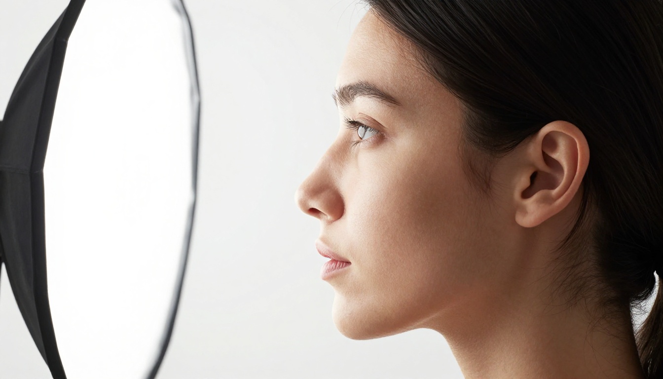 Perfect side profile of a woman's face against white seamless background, showing facial anatomy from brow ridge to jawline, clinical beauty portrait Perfect side profile of a woman's face against white seamless background, showing facial anatomy from brow ridge to jawline, clinical beauty portrait
