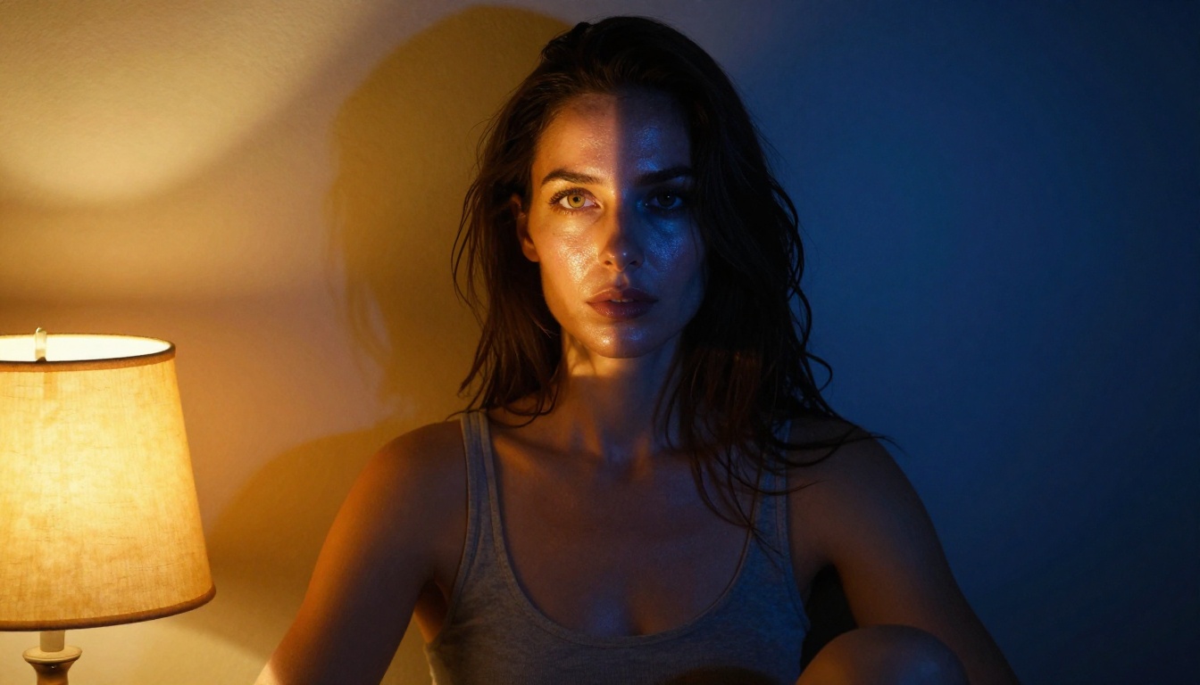Woman in dramatic split lighting, warm amber light on one side and cool blue shadow on the other, chiaroscuro portrait, photorealistic Woman in dramatic split lighting, warm amber light on one side and cool blue shadow on the other, chiaroscuro portrait, photorealistic