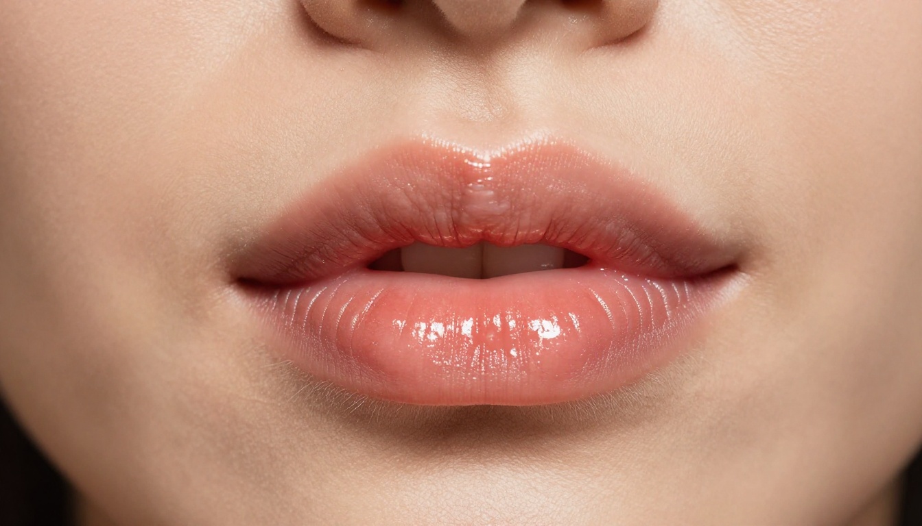 Close-up macro photograph of a woman's lips and lower face, natural rose tones, vermilion border detail, beauty macro photography