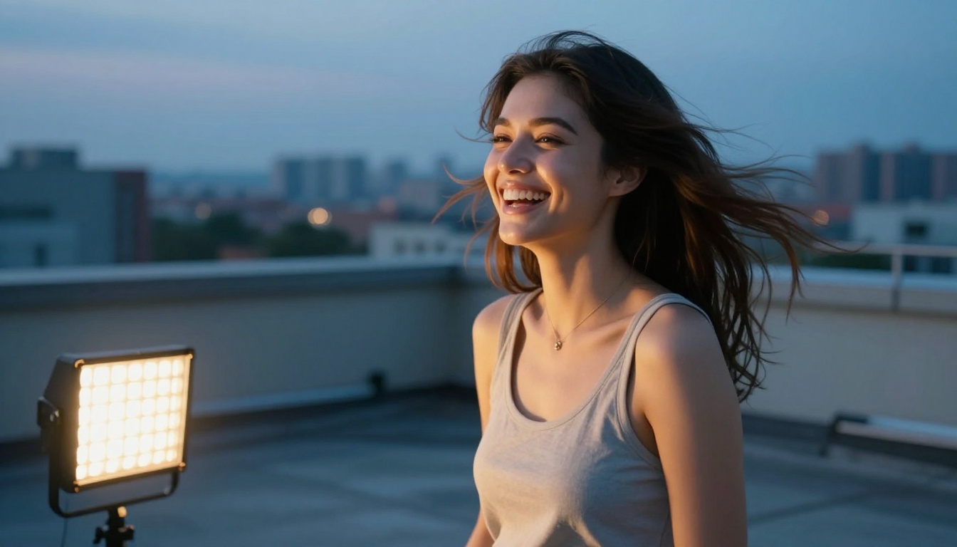 Beautiful woman laughing candidly on a rooftop at dusk, city skyline bokeh behind her, warm fill light on face, candid lifestyle portrait