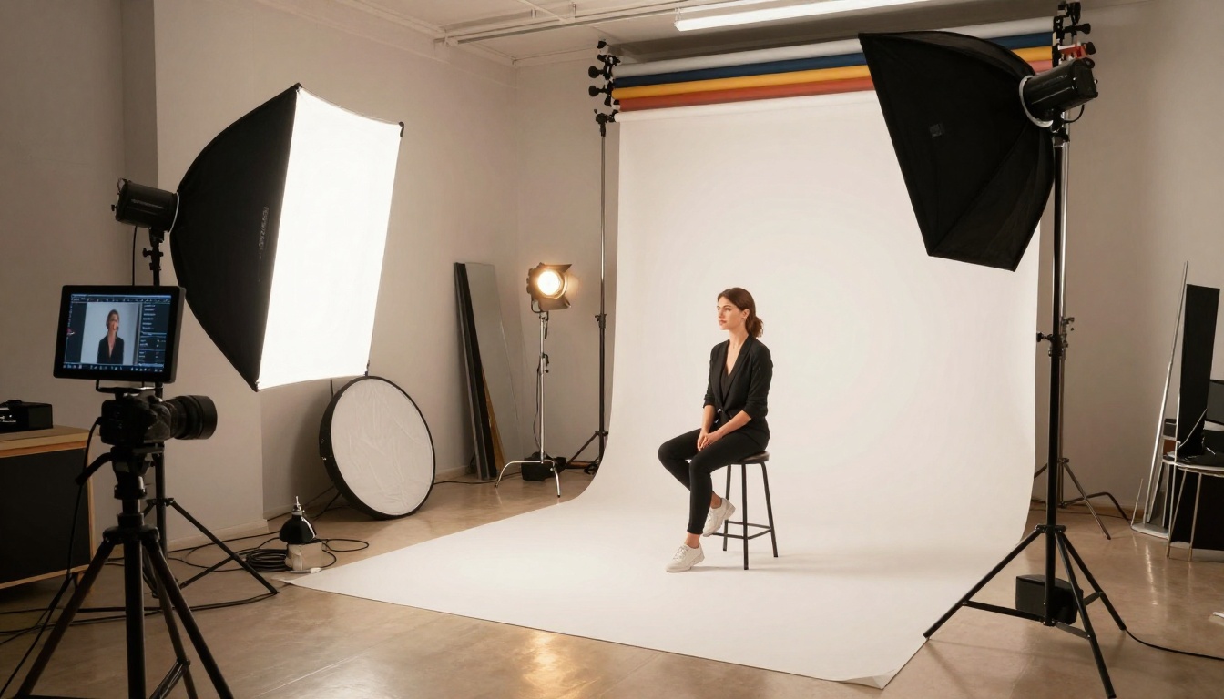 Professional photography studio interior with studio strobes, beauty dish, and model seated on seamless white backdrop, behind-the-scenes portrait session