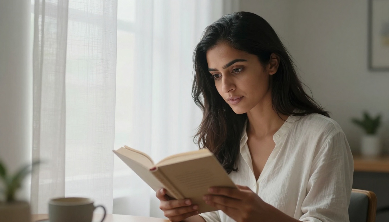 Woman with South Asian features reading by window in soft diffused overcast light, candid natural portrait, warm skin tones, minimalist interior