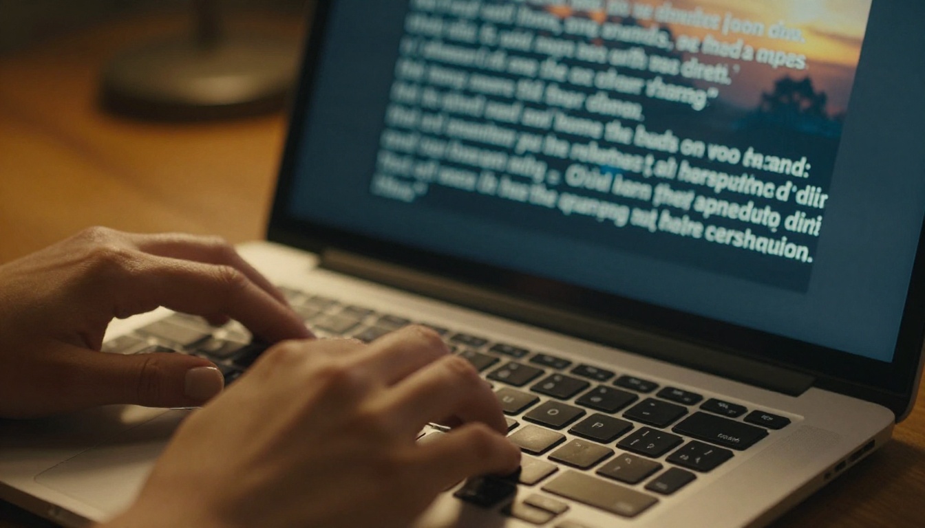 Close-up of female hands typing a prompt on a laptop keyboard, warm tungsten light from above casting directional shadows on the keys Close-up of female hands typing a prompt on a laptop keyboard, warm tungsten light from above casting directional shadows on the keys