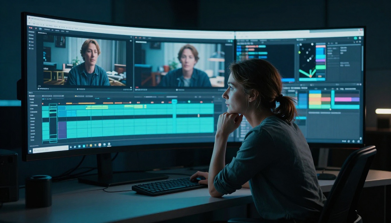 AI video editor reviewing generated footage on a large monitor in a dark studio, her face lit by screen glow AI video editor reviewing generated footage on a large monitor in a dark studio, her face lit by screen glow