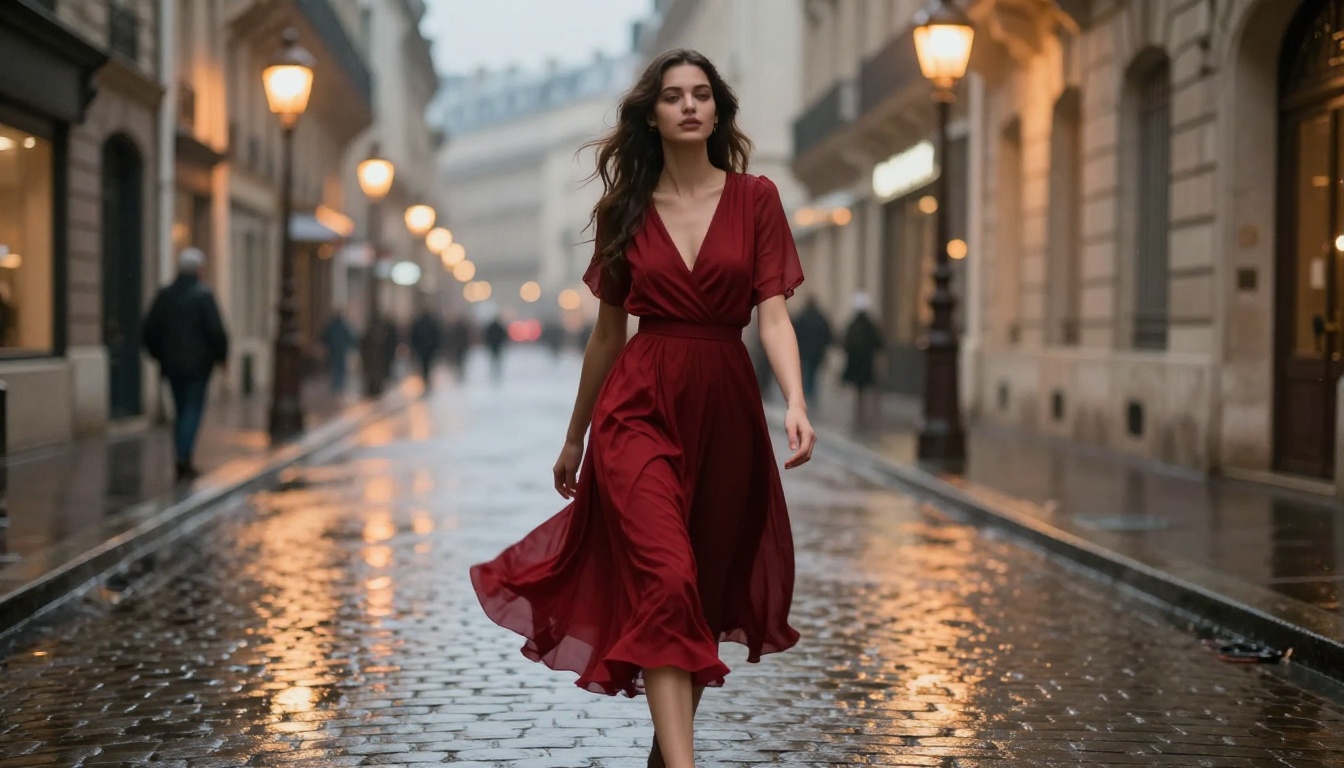 A young woman in a deep crimson dress walking a rain-wet cobblestone street in Paris at dusk, motion blur on her stride, amber street lamps reflecting in puddles A young woman in a deep crimson dress walking a rain-wet cobblestone street in Paris at dusk, motion blur on her stride, amber street lamps reflecting in puddles