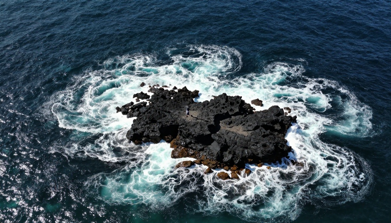 Aerial overhead view of dark ocean waves crashing against black volcanic rocks, white foam patterns, a tiny human figure standing on a flat rock for scale Aerial overhead view of dark ocean waves crashing against black volcanic rocks, white foam patterns, a tiny human figure standing on a flat rock for scale