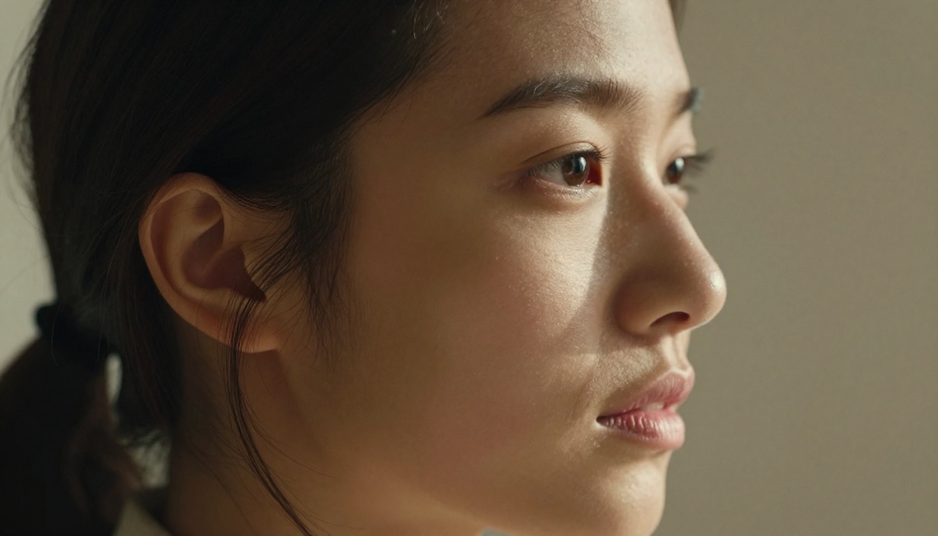 Intimate close-up portrait of a young woman with olive skin in three-quarter profile, soft directional window light from left creating subtle shadows along her nose bridge and collarbone Intimate close-up portrait of a young woman with olive skin in three-quarter profile, soft directional window light from left creating subtle shadows along her nose bridge and collarbone