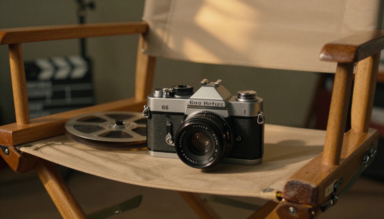 A weathered vintage 16mm film camera resting on a worn director's chair on an empty film set, warm tungsten light from above, film reels and a clapperboard visible in the blurred background
