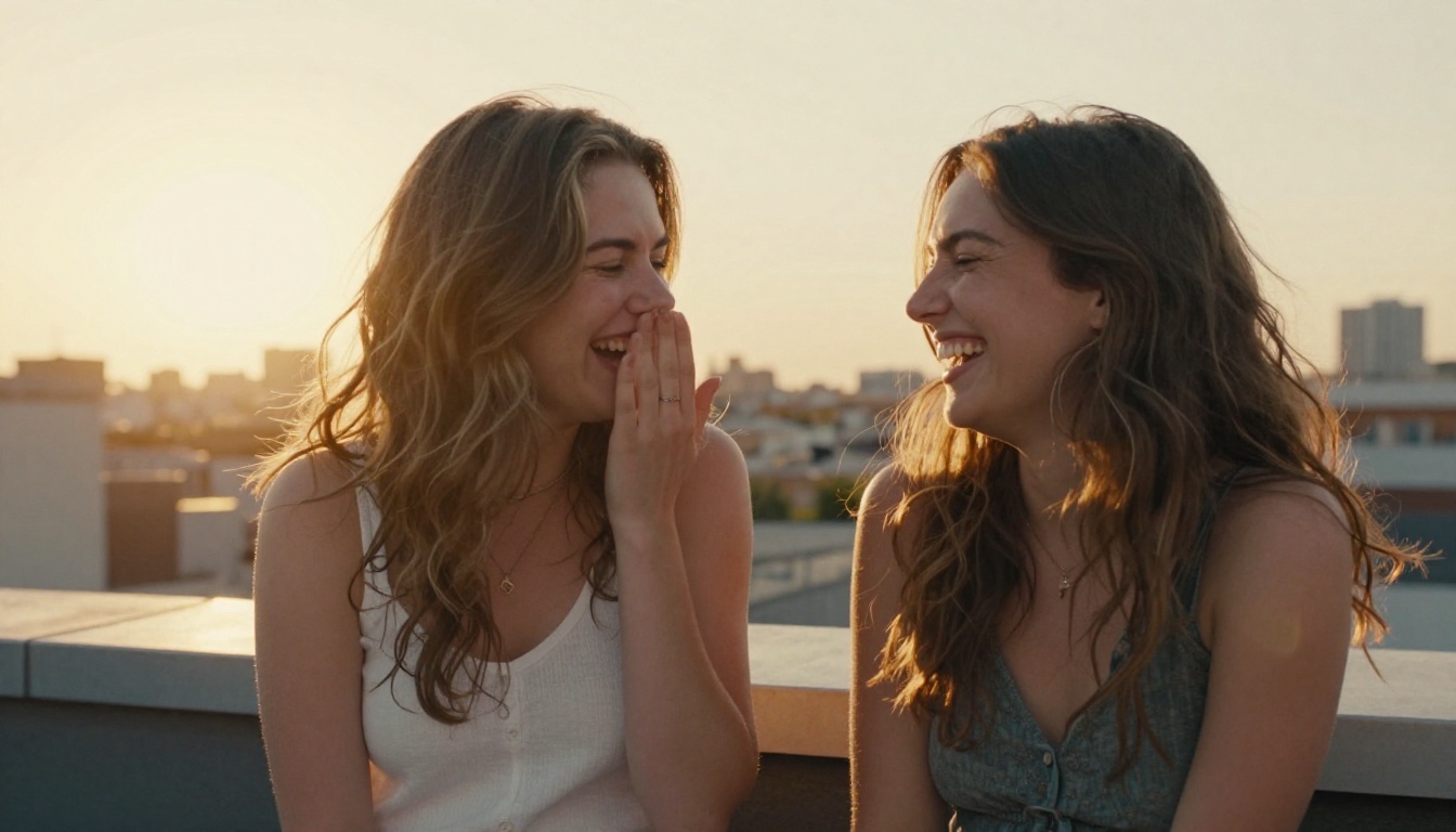 Two young women laughing candidly on a rooftop at golden hour, warm backlight from the setting sun creating a natural halo around their hair, city skyline softly blurred behind them