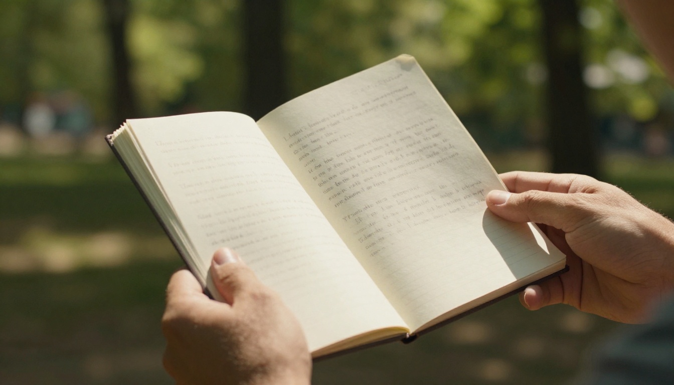 Hands holding an open screenwriting notebook outdoors in a sunny park, handwritten pages visible, soft green canopy bokeh forming the background