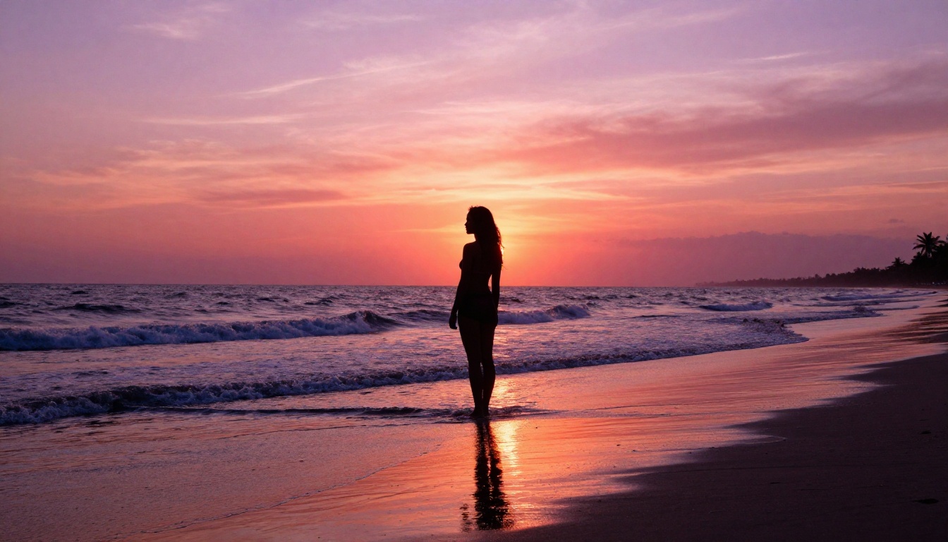Silhouette of a woman standing at the shoreline of a tropical beach at magic hour, the sky a gradient of deep orange and violet, wet sand reflecting the sky colors like a mirror