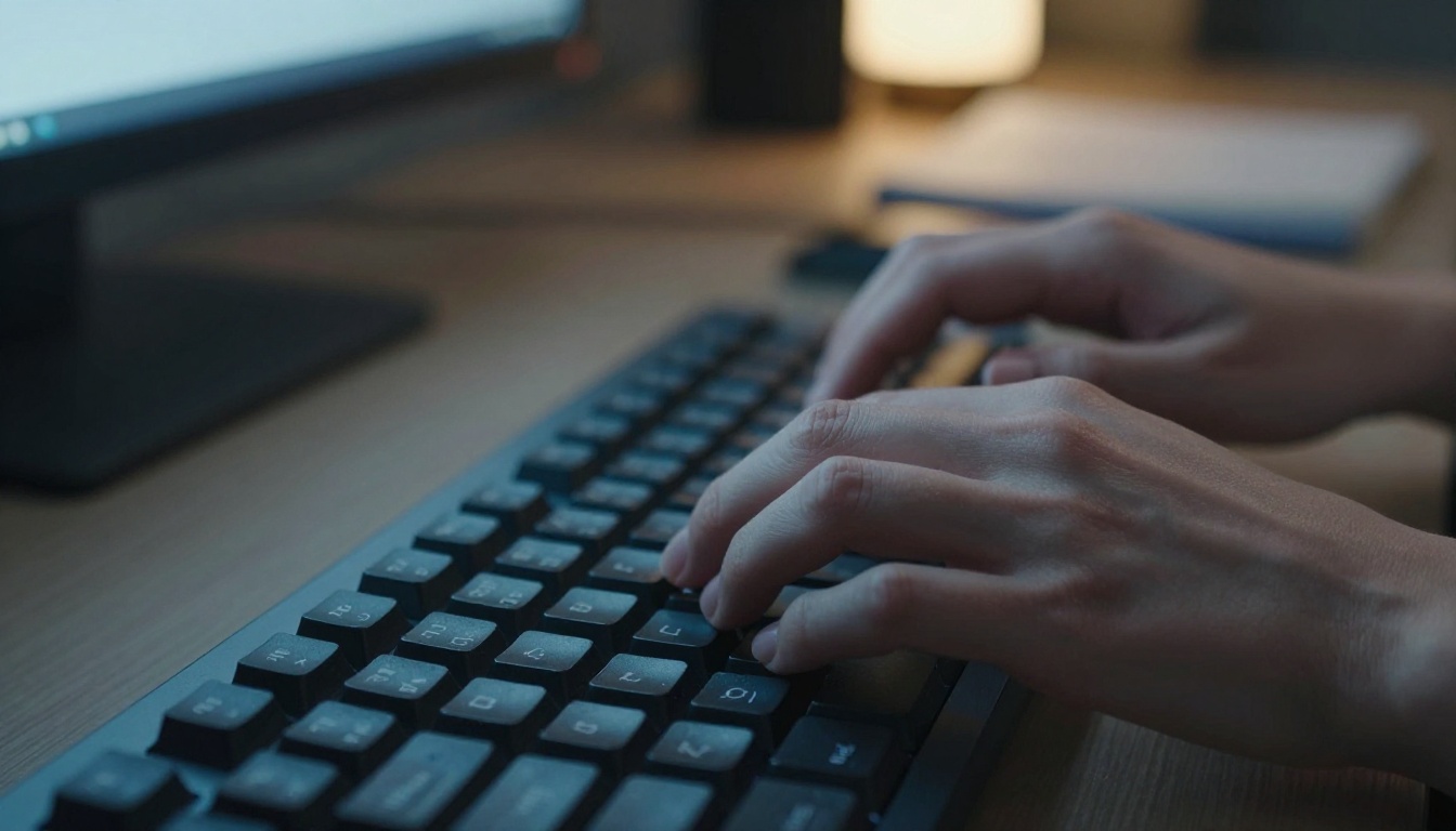 Young woman typing a text prompt on a backlit mechanical keyboard at night Young woman typing a text prompt on a backlit mechanical keyboard at night
