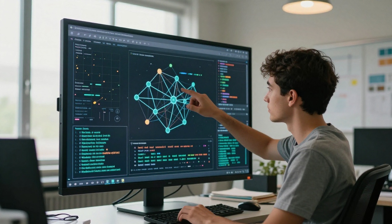 Data scientist studying a neural network architecture diagram on a large wall-mounted screen Data scientist studying a neural network architecture diagram on a large wall-mounted screen