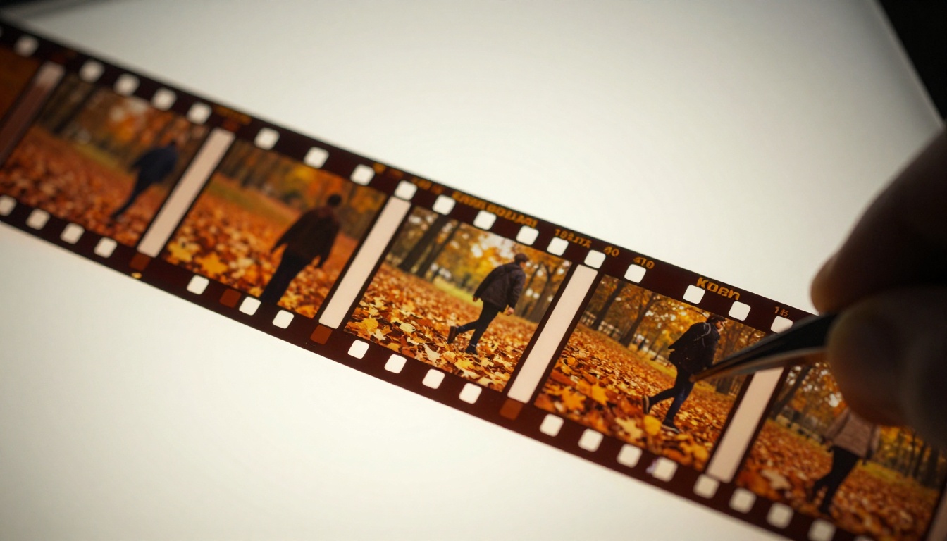 A strip of developed 35mm film resting on a light table showing sequential motion frames A strip of developed 35mm film resting on a light table showing sequential motion frames