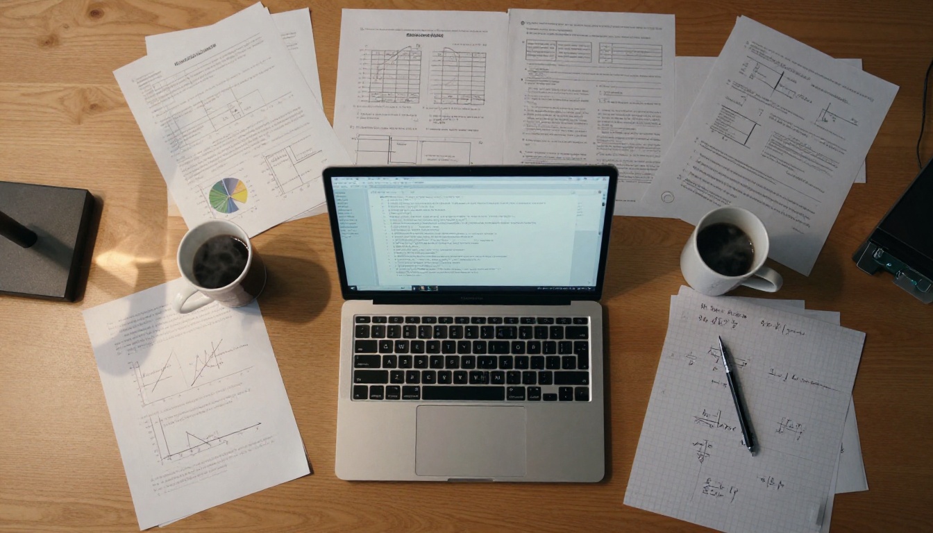 Aerial overhead view of a researcher's desk covered in papers, graphs, and an open laptop Aerial overhead view of a researcher's desk covered in papers, graphs, and an open laptop