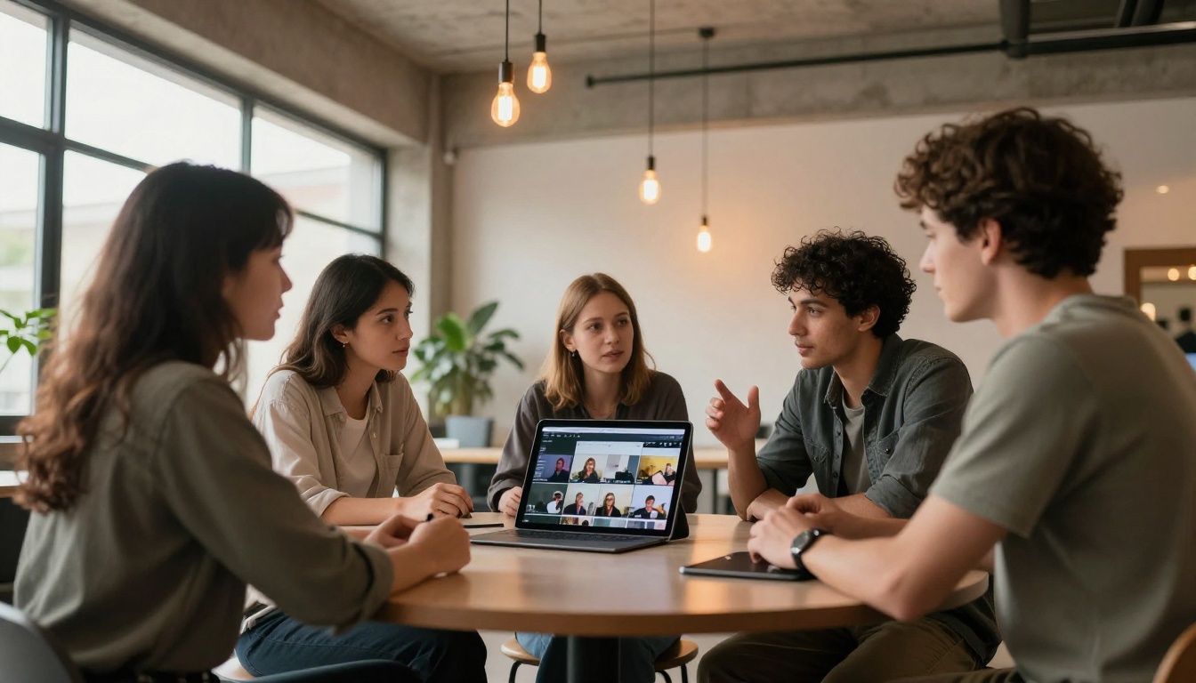Three creative professionals looking at video thumbnails on a tablet in a bright co-working space Three creative professionals looking at video thumbnails on a tablet in a bright co-working space