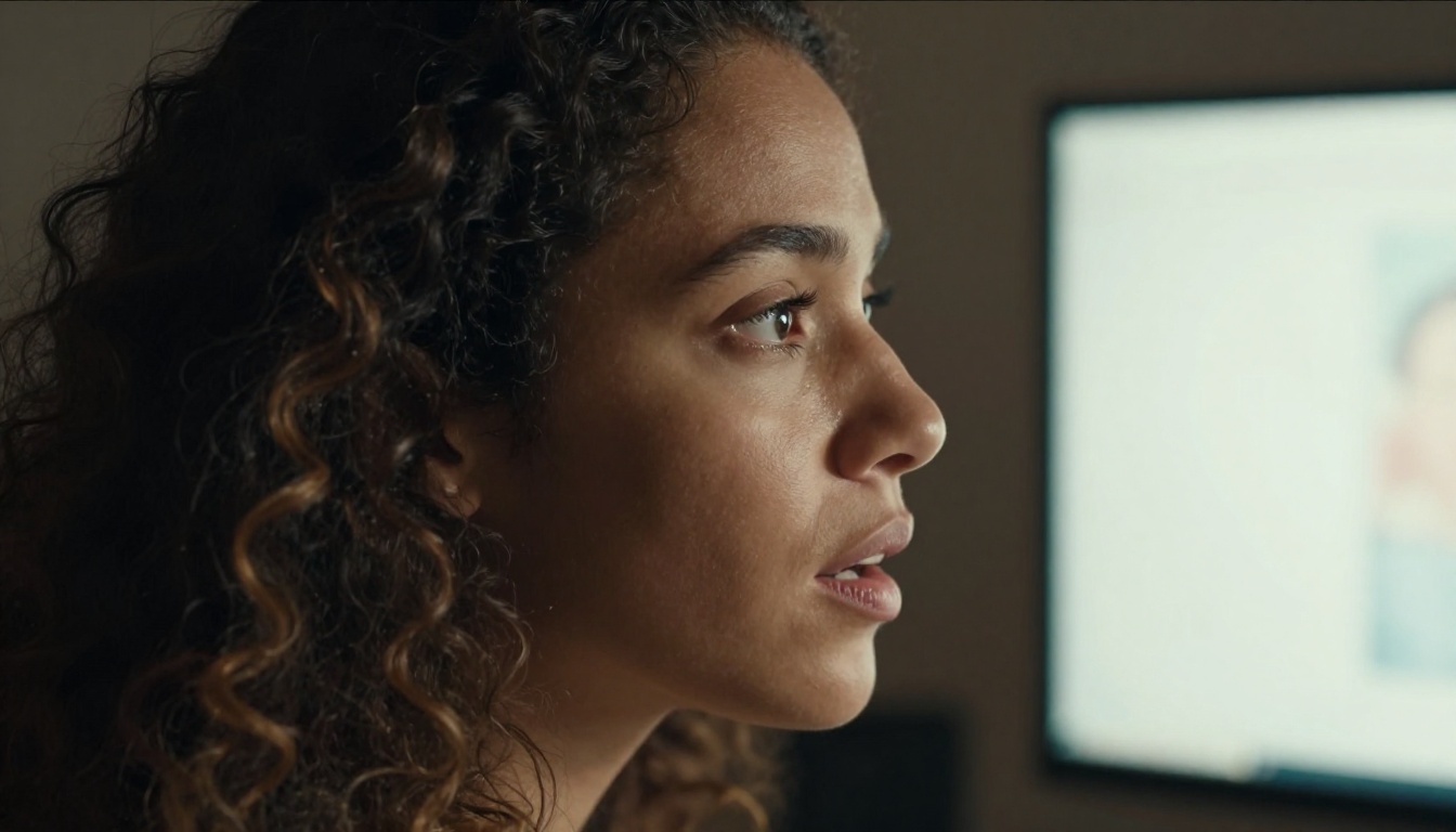 Close-up portrait of a woman watching video content on a monitor, her face lit by the screen glow