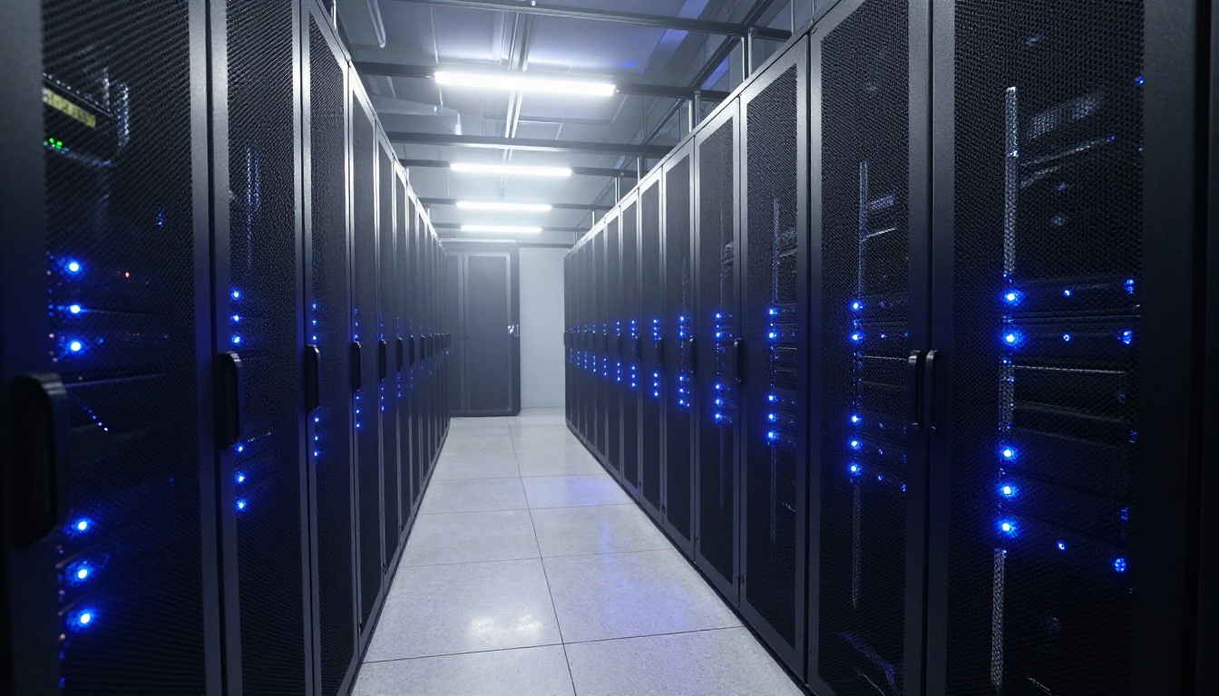A long server rack corridor with rows of illuminated equipment and polished concrete floors