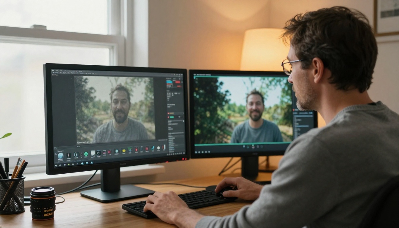 A man comparing two video quality outputs side by side on a widescreen monitor