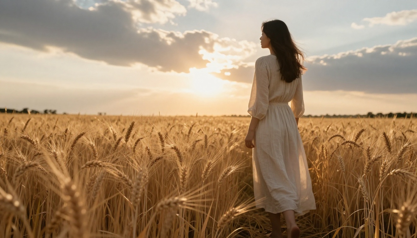 A woman in a flowing cream dress standing at the edge of a golden wheat field at magic hour